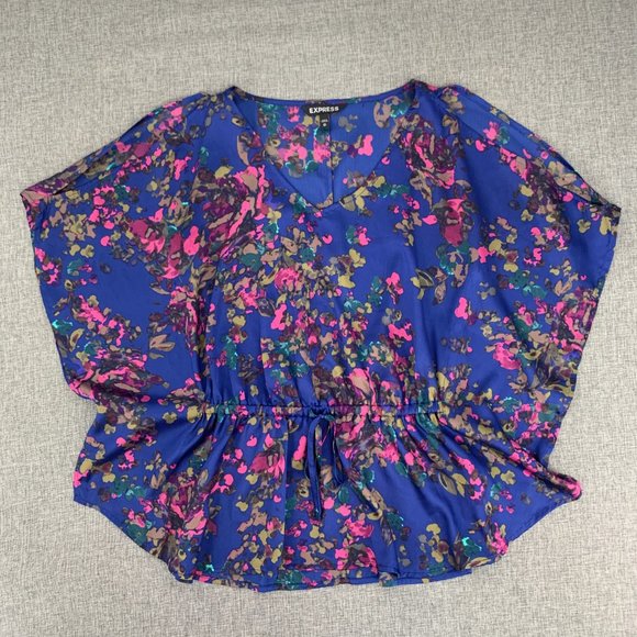 Express Peplum Blue Pink Blouse Kaftan Cold Shoulder Sleeves V-Neck XS Elastic W - Picture 4 of 13